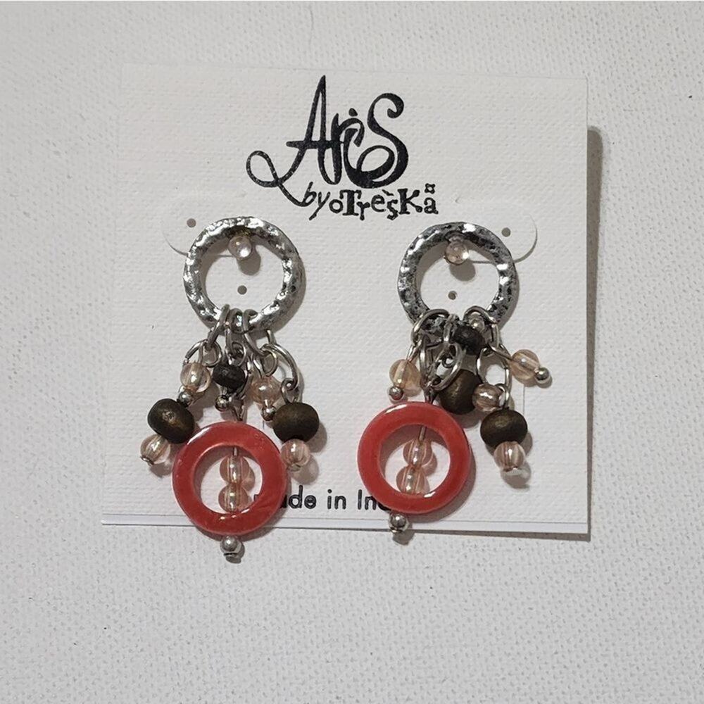 Aris by Treska Beaded Drop Earrings Silver Coral Wood Boho Dangle Made in India